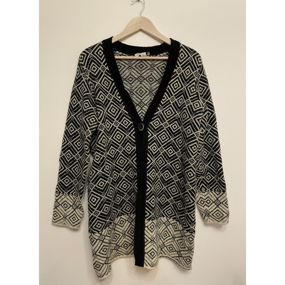 Coldwater Creek‎ Cardigan Sweater Women XL/16 Diamond Black White Wool Blend